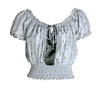 Karissa - Hand Cut Silk Degrade Crop Top with tied strings hand beaded and elastic hem sleeves. (7123715129540)