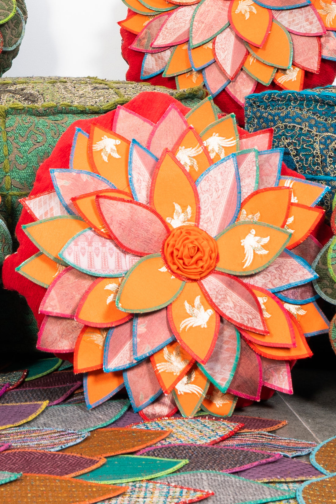 Round Lotus Appliqué Cushion Cover