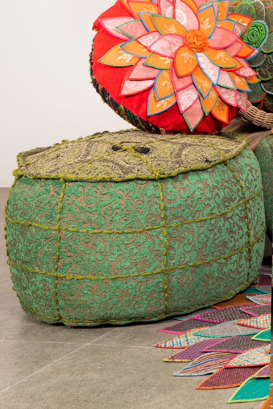 Round Wool Embroidered Ottoman
