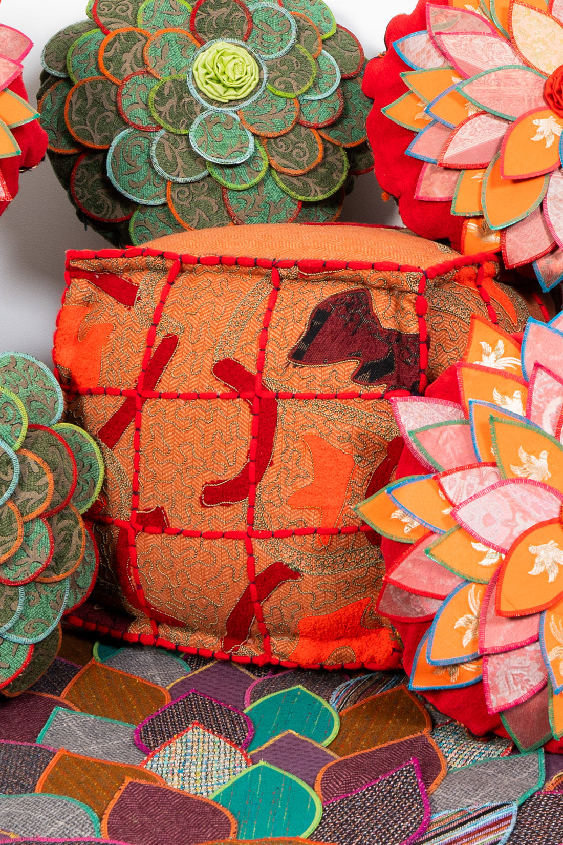 Square Wool Embroidered Ottoman